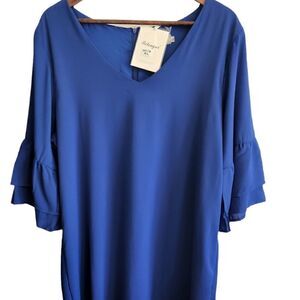 BELONGSCI Blue V-Neck Bell Sleeve Shift Dress Size XL